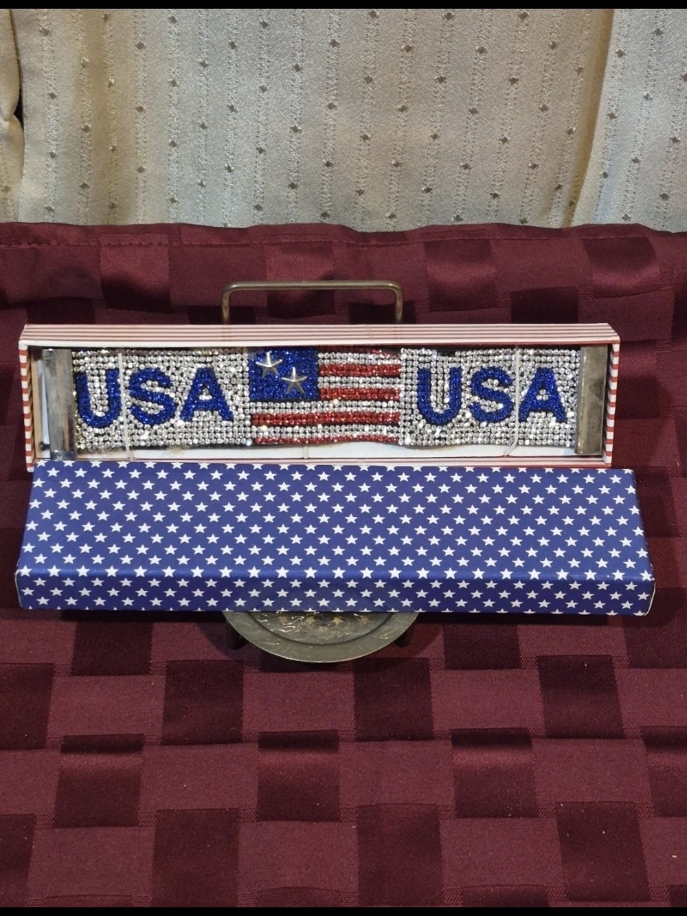 Vintage USA Flag Rhinestone Cuff Bracelet Red White Blue Patriotic 4th of July